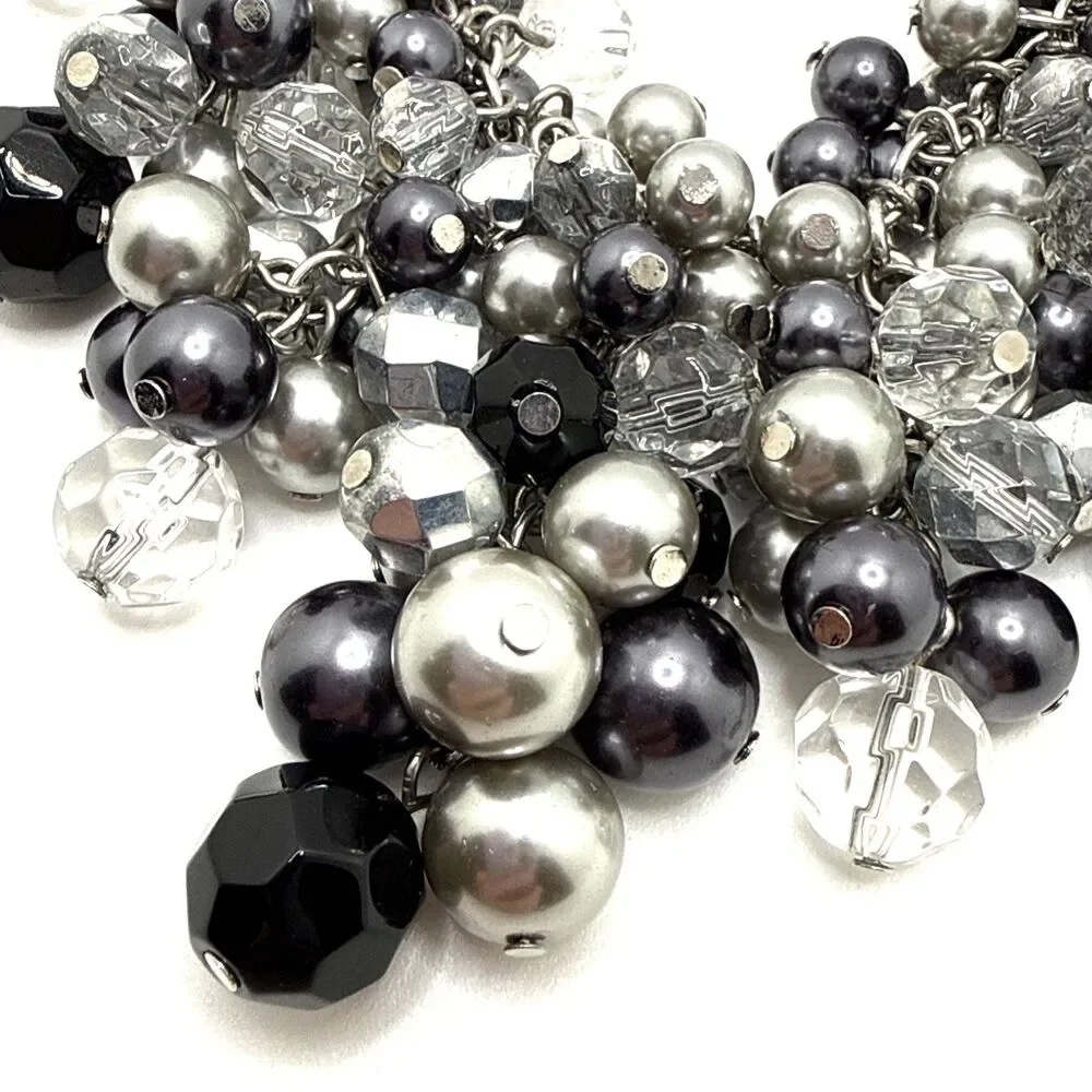 Cha-Cha Style Necklace Clear Gray Black Bead Cluster Statement Bib 16